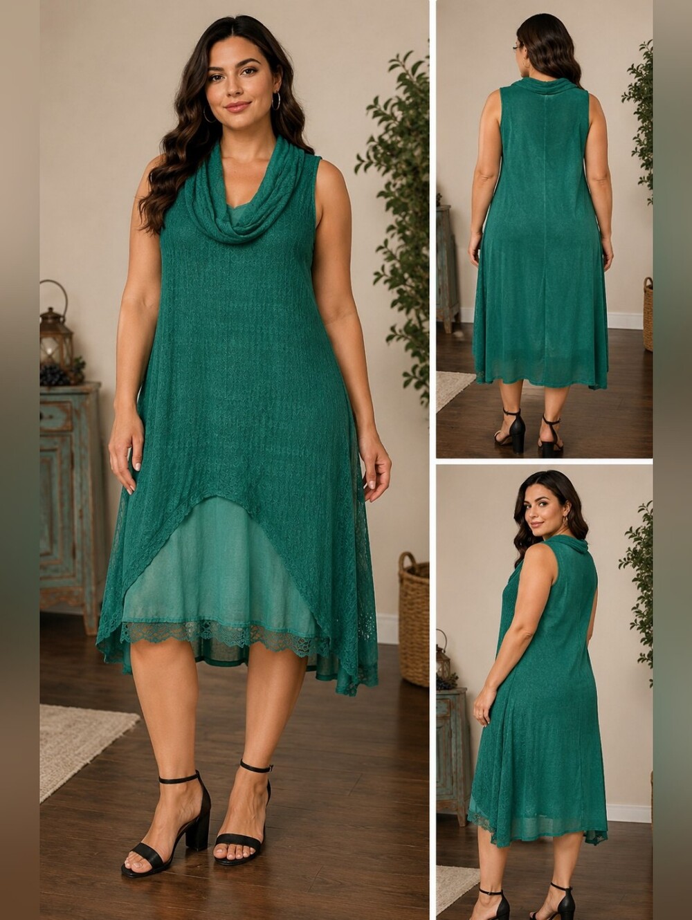Green‎ Sleeveless Draped Cowl Neck Midi Dress Bohemian Lace Shift Large